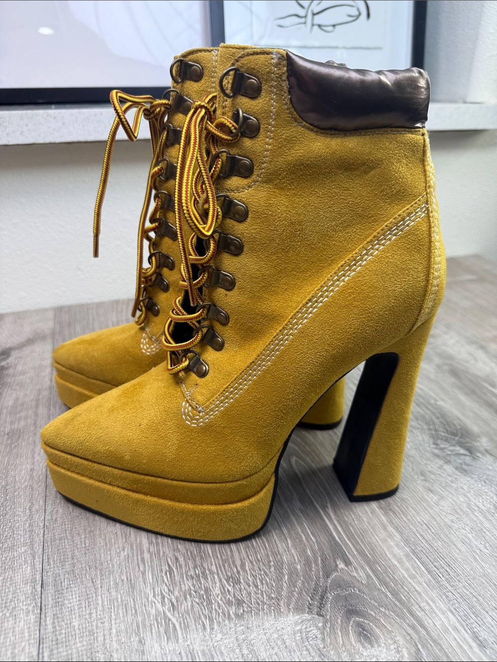 Mustard Suede Lace-Up Platform Ankle Boots with Padded Collar